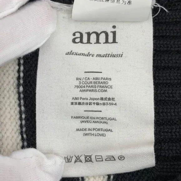 Ami Black Stripe Heart Embroidered Wool Turtleneck Long Sleeve Knit Sweater